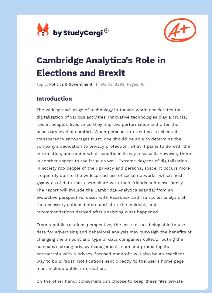 Cambridge Analytica's Role in Elections and Brexit. Page 1
