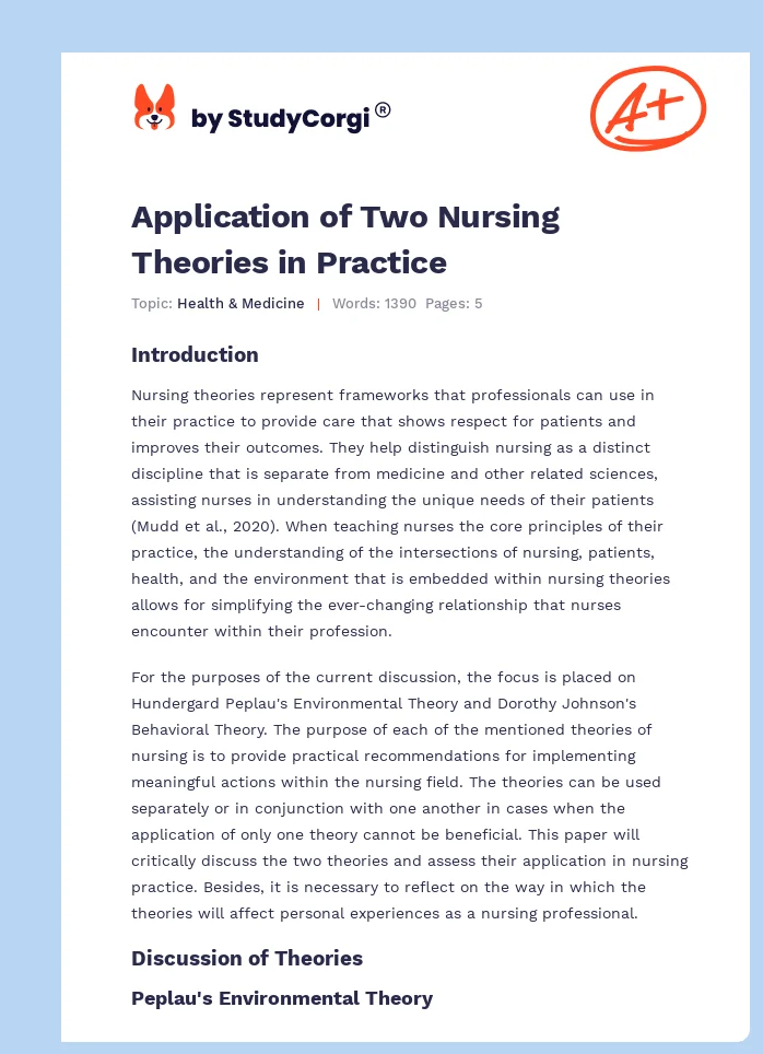 Application of Two Nursing Theories in Practice. Page 1