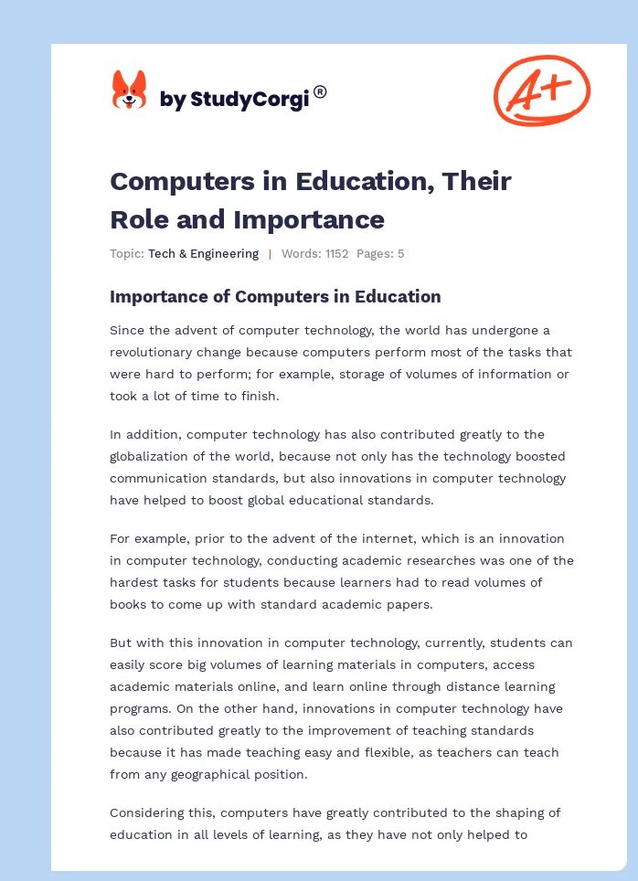 Computers in Education, Their Role and Importance. Page 1