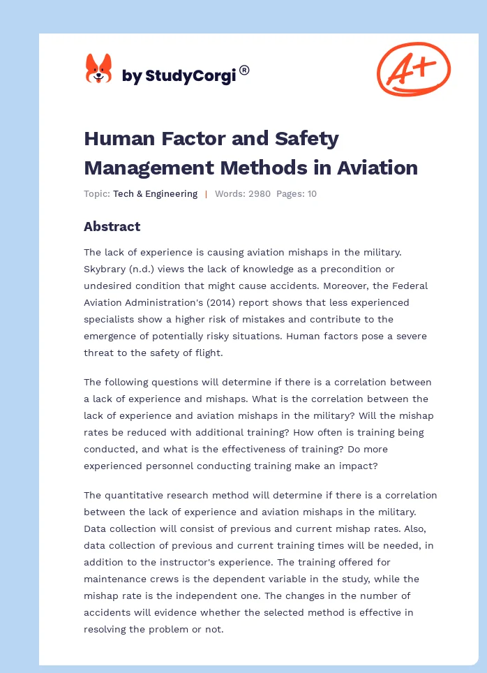 Human Factor and Safety Management Methods in Aviation. Page 1