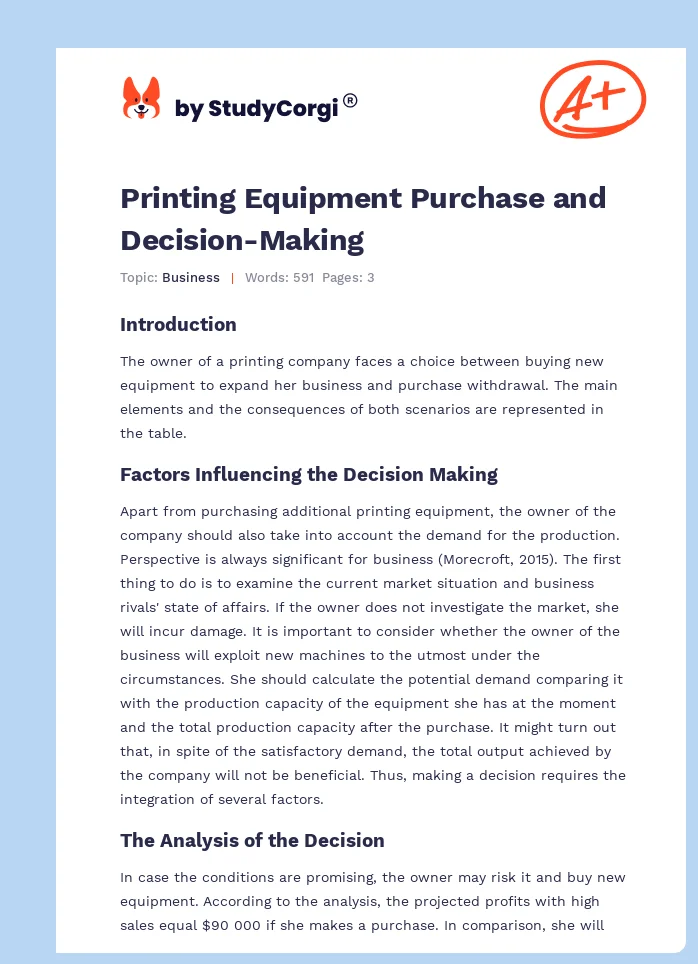 Printing Equipment Purchase and Decision-Making. Page 1