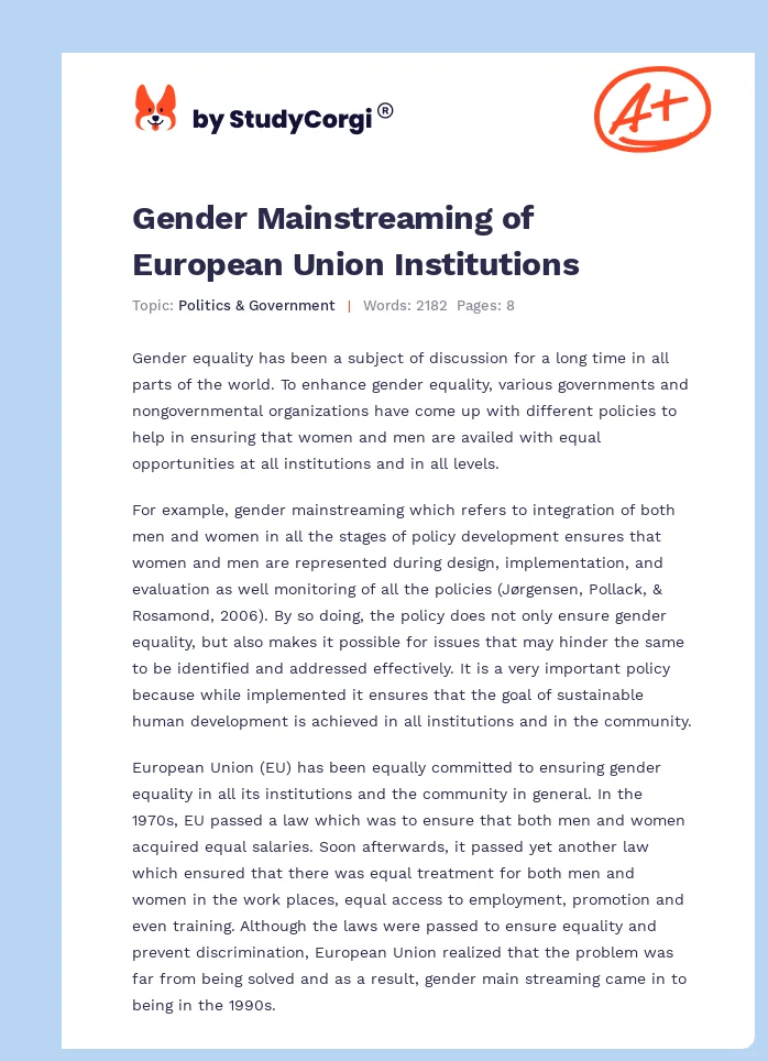 Gender Mainstreaming of European Union Institutions. Page 1