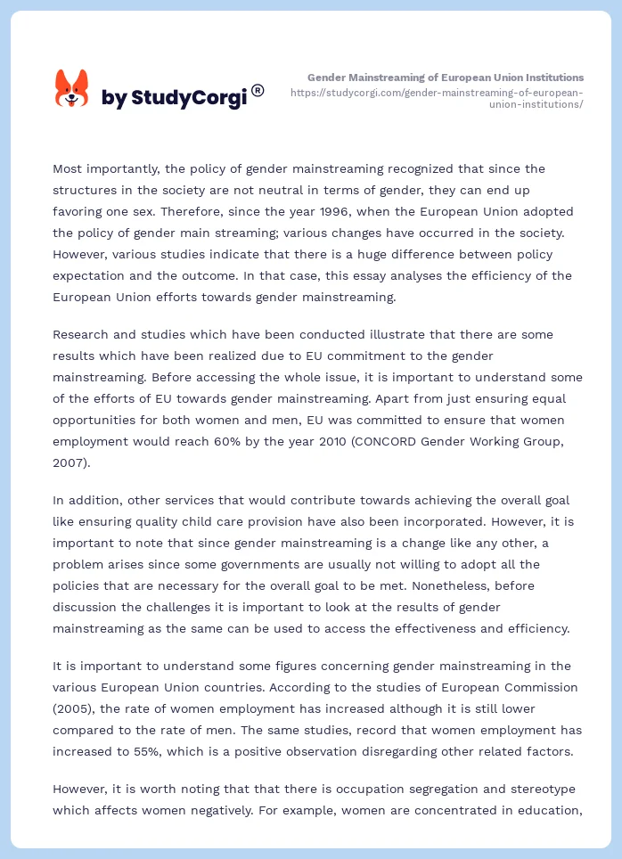 Gender Mainstreaming of European Union Institutions. Page 2