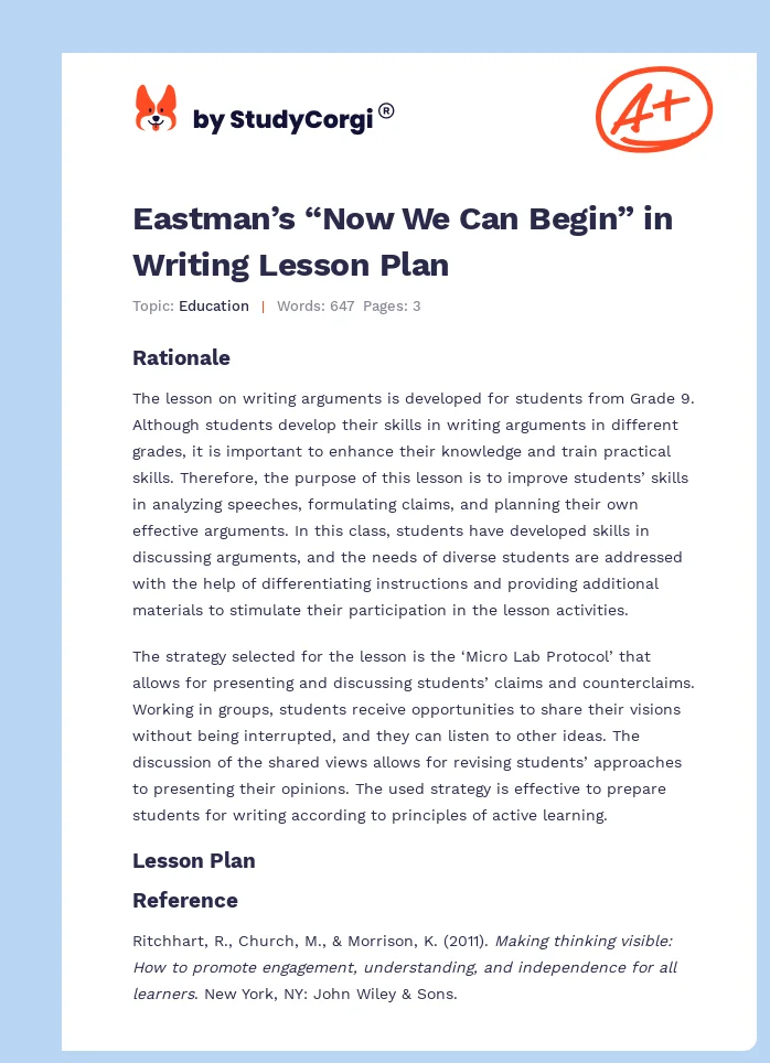 Eastman’s “Now We Can Begin” in Writing Lesson Plan. Page 1