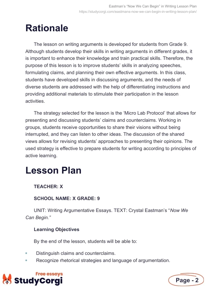 Eastman’s “Now We Can Begin” in Writing Lesson Plan. Page 2