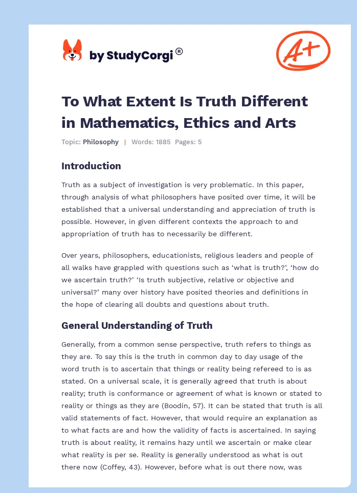 To What Extent Is Truth Different in Mathematics, Ethics and Arts. Page 1
