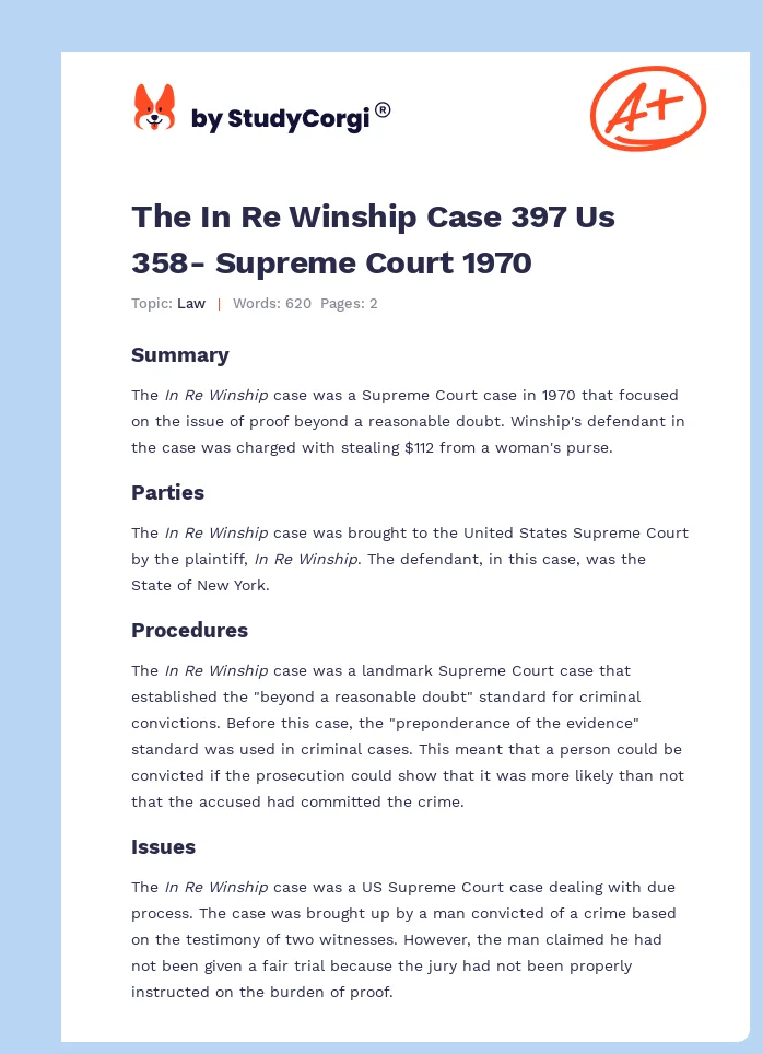 The In Re Winship Case 397 Us 358- Supreme Court 1970. Page 1