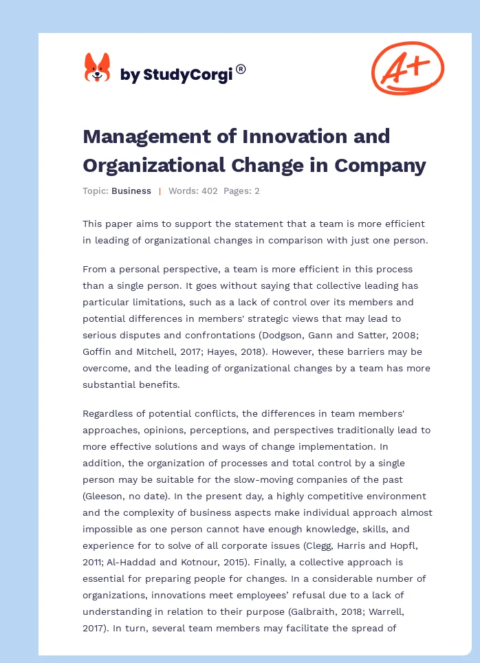 Management of Innovation and Organizational Change in Company. Page 1