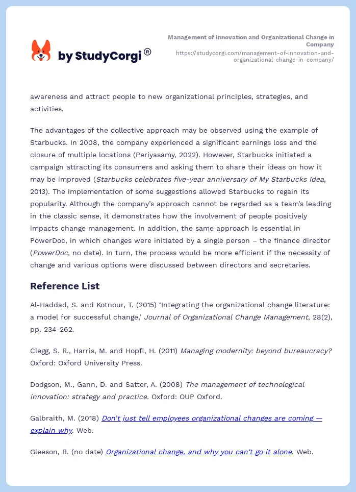 Innovation Management and Organizational Change in a Company. Page 2