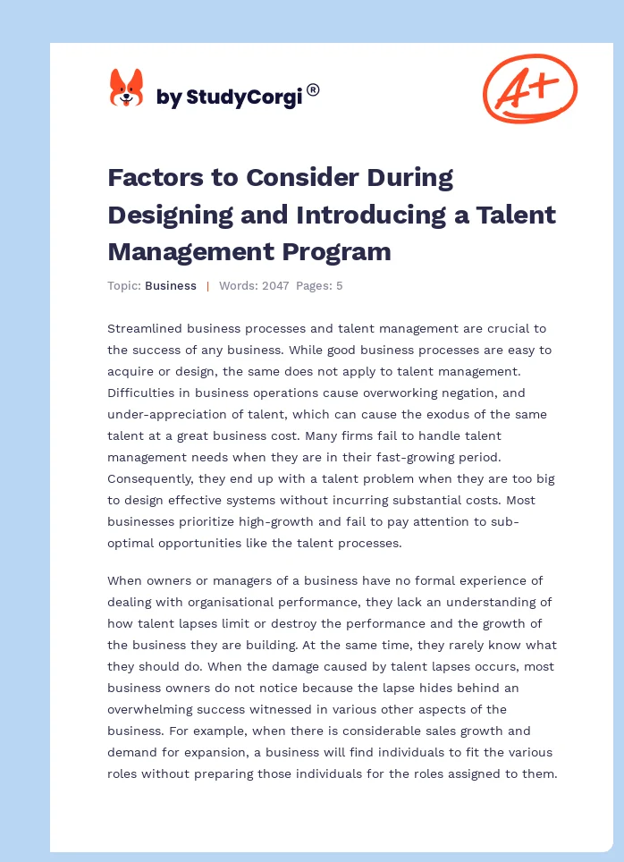 Factors to Consider During Designing and Introducing a Talent Management Program. Page 1
