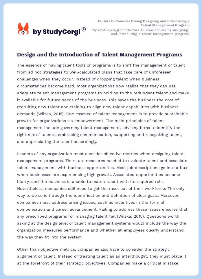 Factors to Consider During Designing and Introducing a Talent Management Program. Page 2