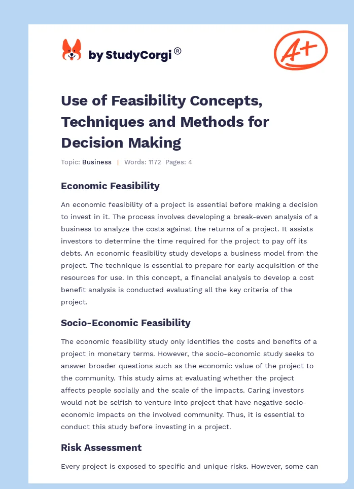 Use of Feasibility Concepts, Techniques and Methods for Decision Making. Page 1