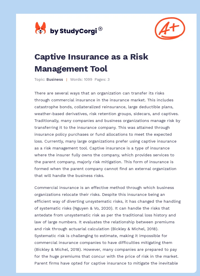 Captive Insurance as a Risk Management Tool. Page 1