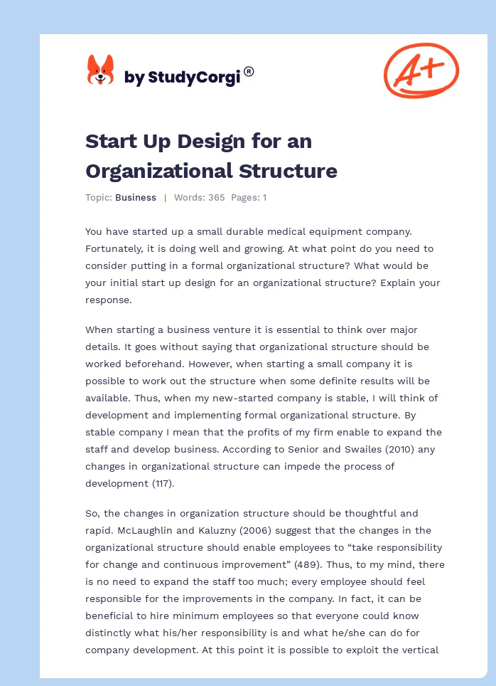 Start Up Design for an Organizational Structure. Page 1