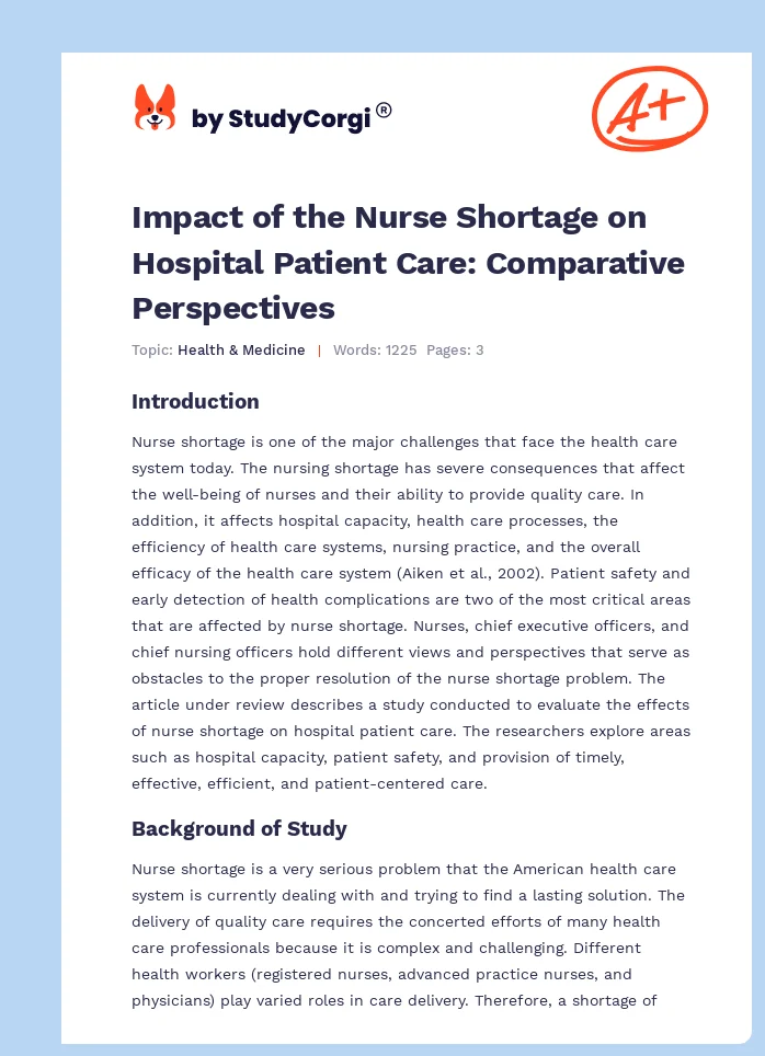 Impact of the Nurse Shortage on Hospital Patient Care: Comparative Perspectives. Page 1