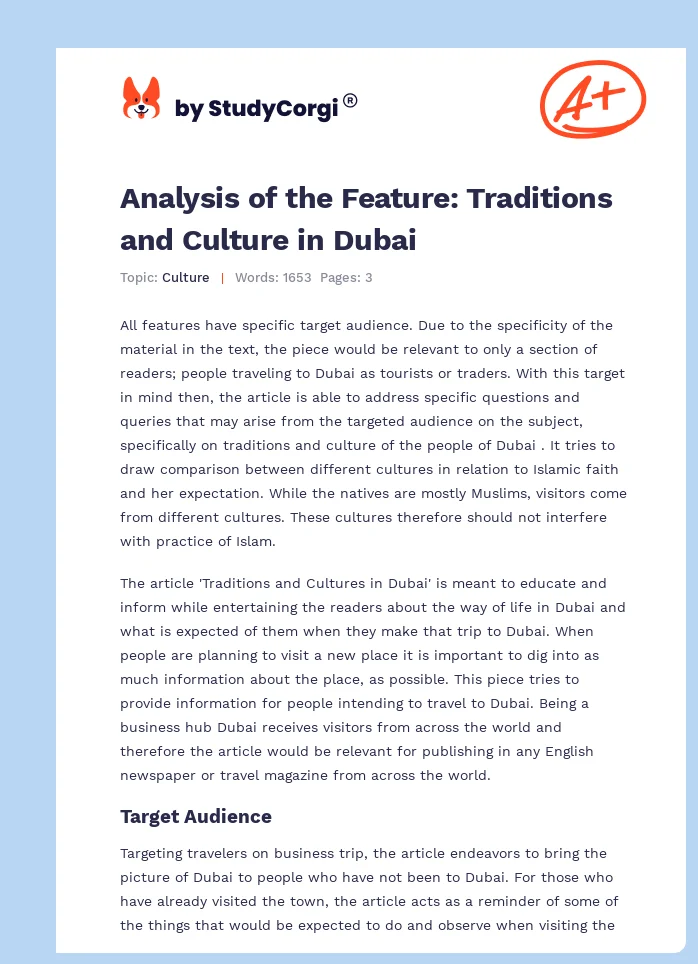 Analysis of the Feature: Traditions and Culture in Dubai. Page 1