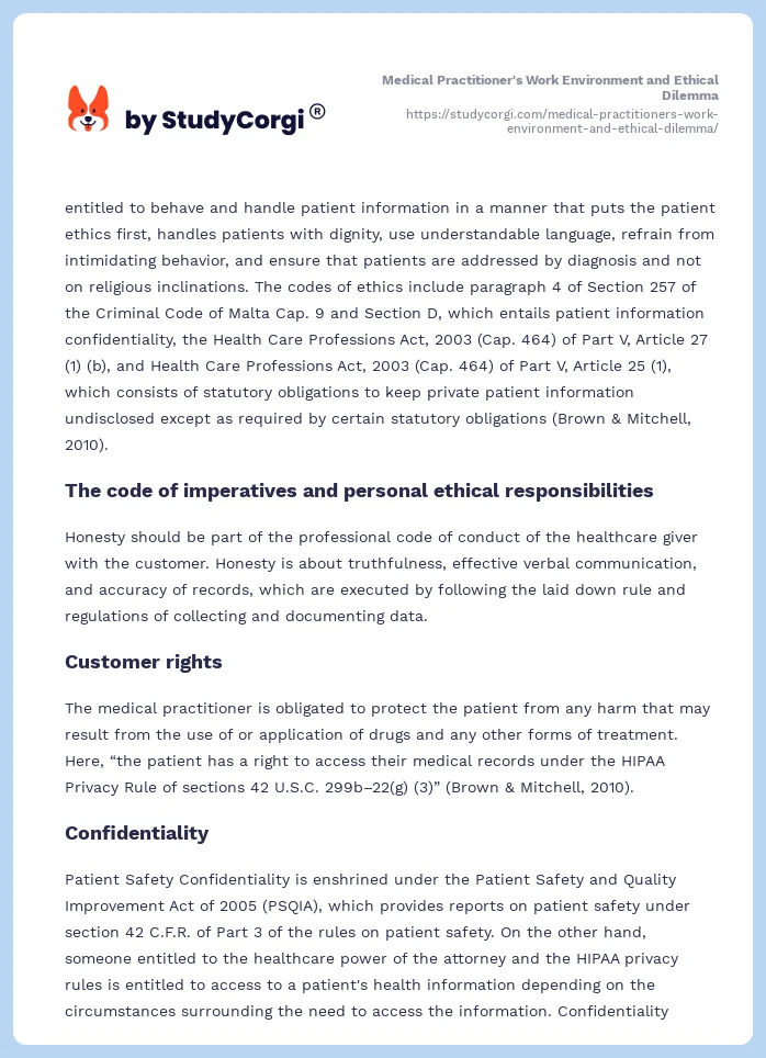 Medical Practitioner's Work Environment and Ethical Dilemma. Page 2