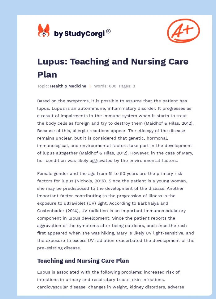 Lupus: Teaching and Nursing Care Plan. Page 1