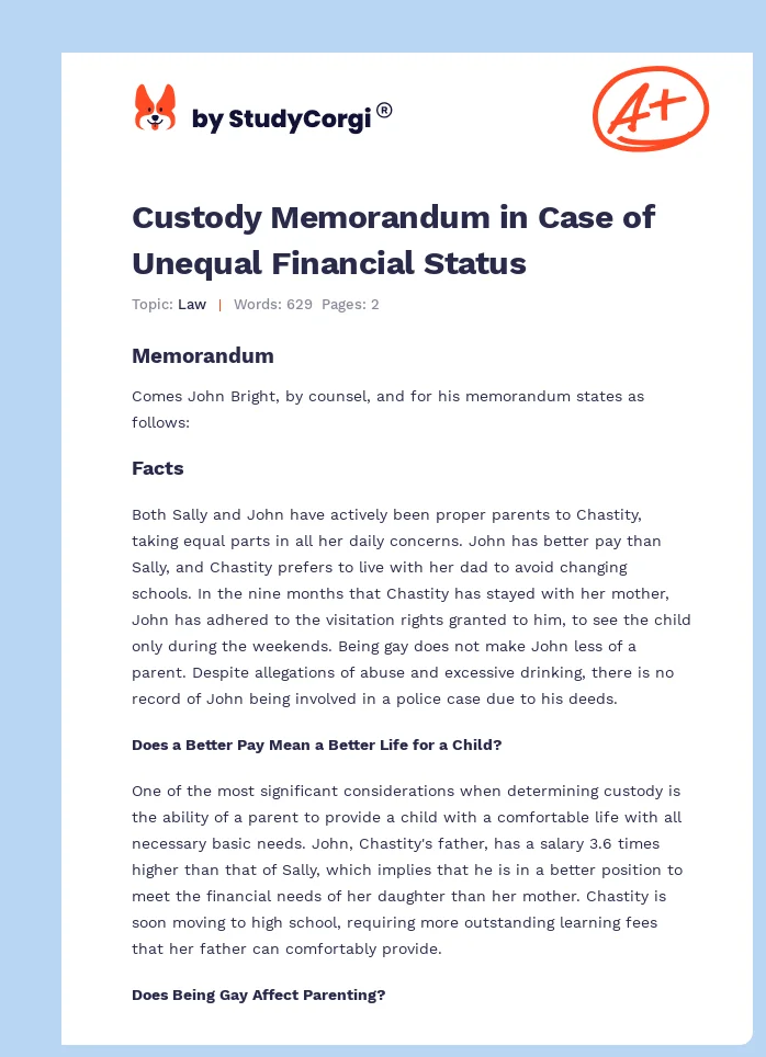 Custody Memorandum in Case of Unequal Financial Status. Page 1