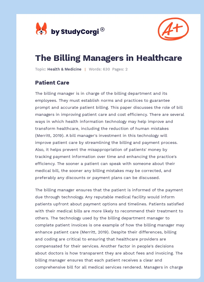 The Billing Managers in Healthcare. Page 1