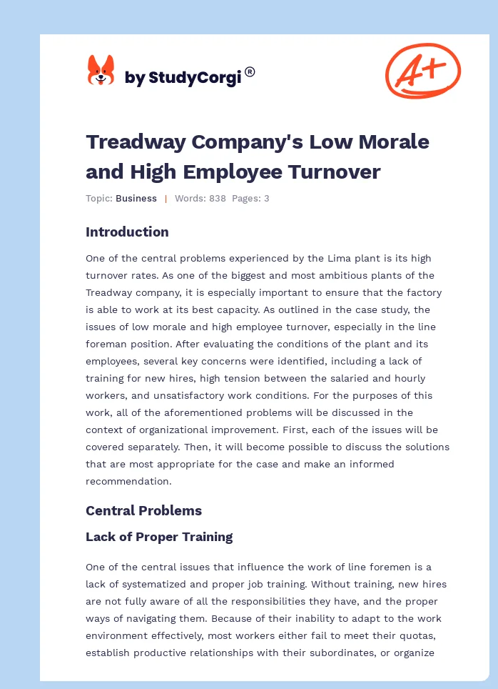 Treadway Company's Low Morale and High Employee Turnover. Page 1