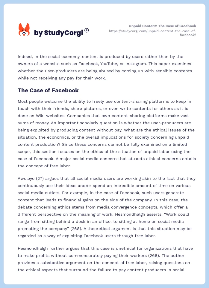 Unpaid Content: The Case of Facebook. Page 2