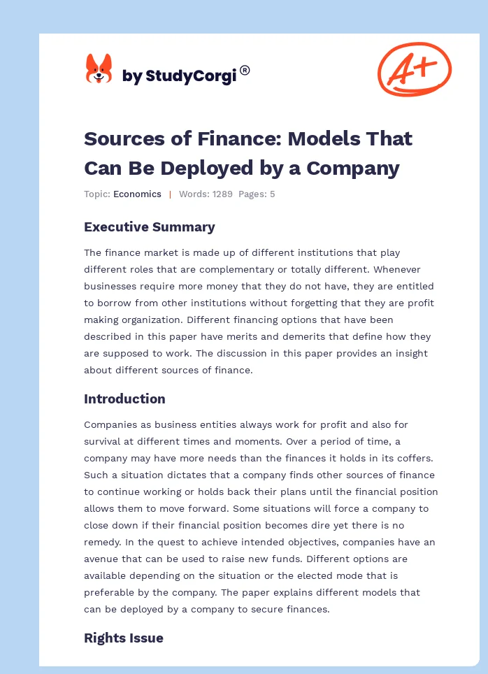 Sources of Finance: Models That Can Be Deployed by a Company. Page 1