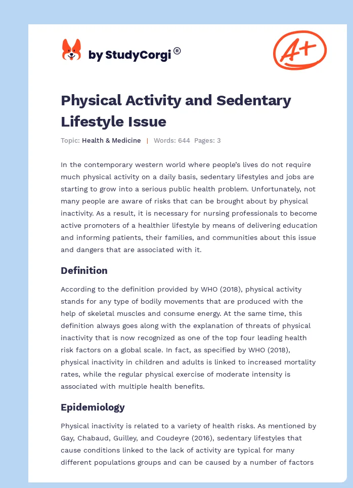 Physical Activity and Sedentary Lifestyle Issue. Page 1
