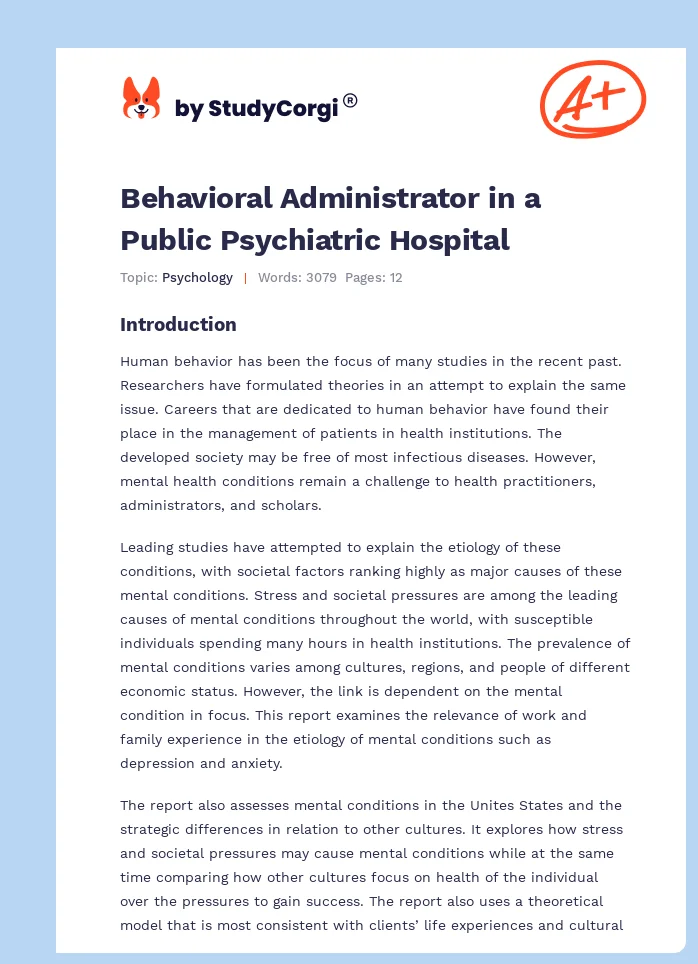 Behavioral Administrator in a Public Psychiatric Hospital. Page 1