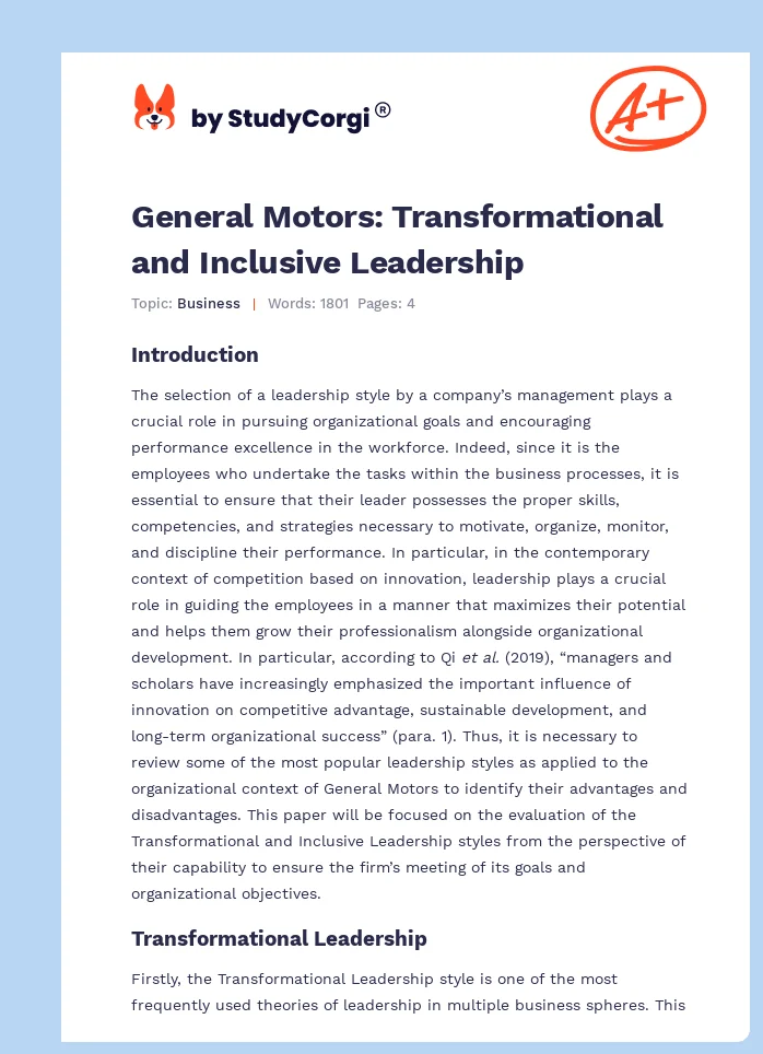 General Motors: Transformational and Inclusive Leadership. Page 1