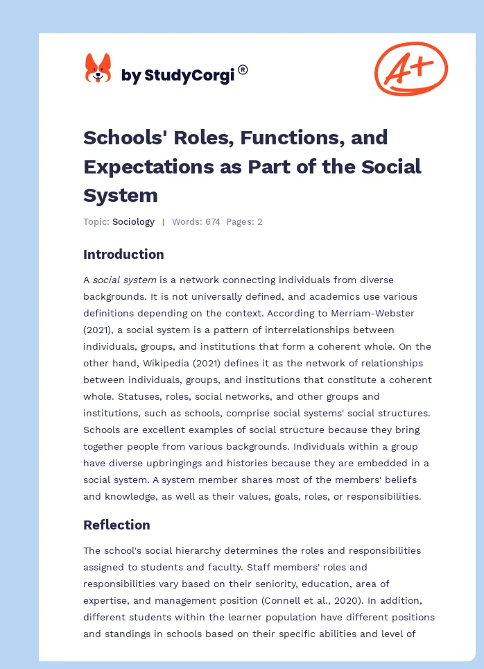 Schools' Roles, Functions, and Expectations as Part of the Social System. Page 1