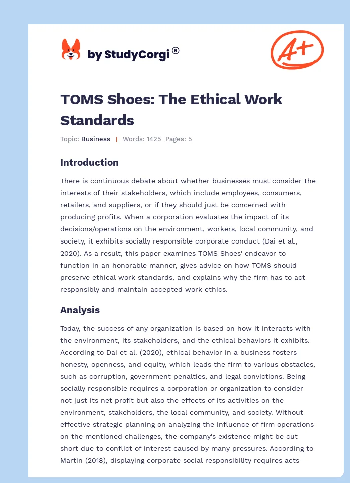 TOMS Shoes: The Ethical Work Standards. Page 1