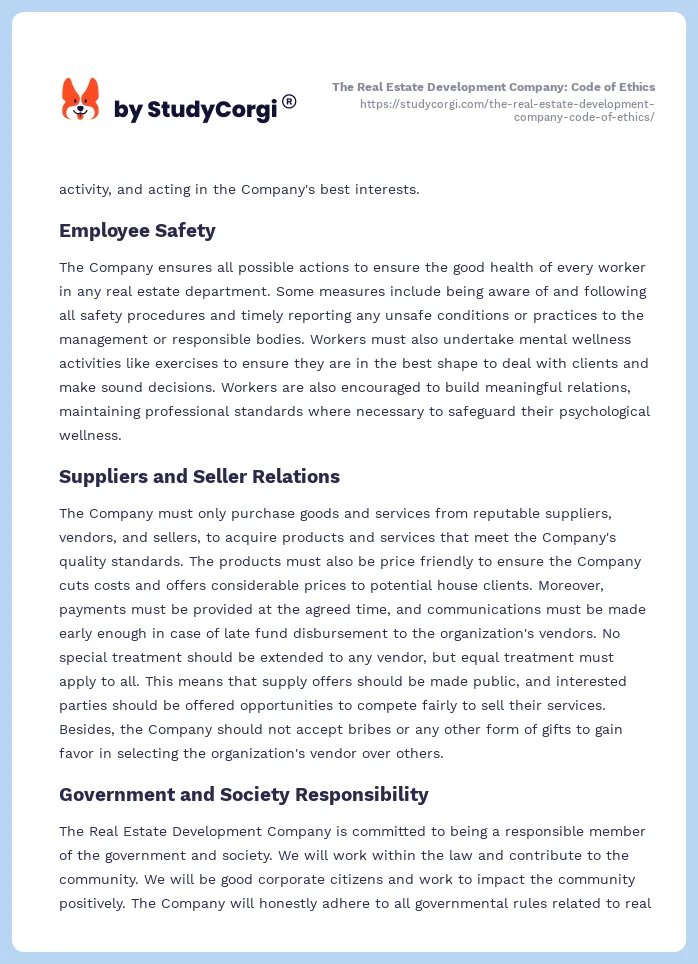 The Real Estate Development Company: Code of Ethics. Page 2