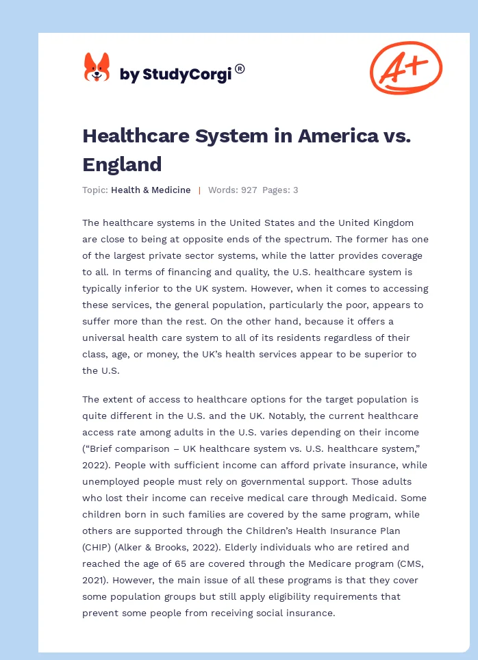 Healthcare System in America vs. England. Page 1