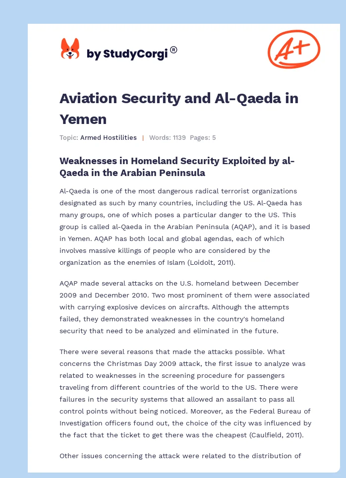 Aviation Security and Al-Qaeda in Yemen. Page 1