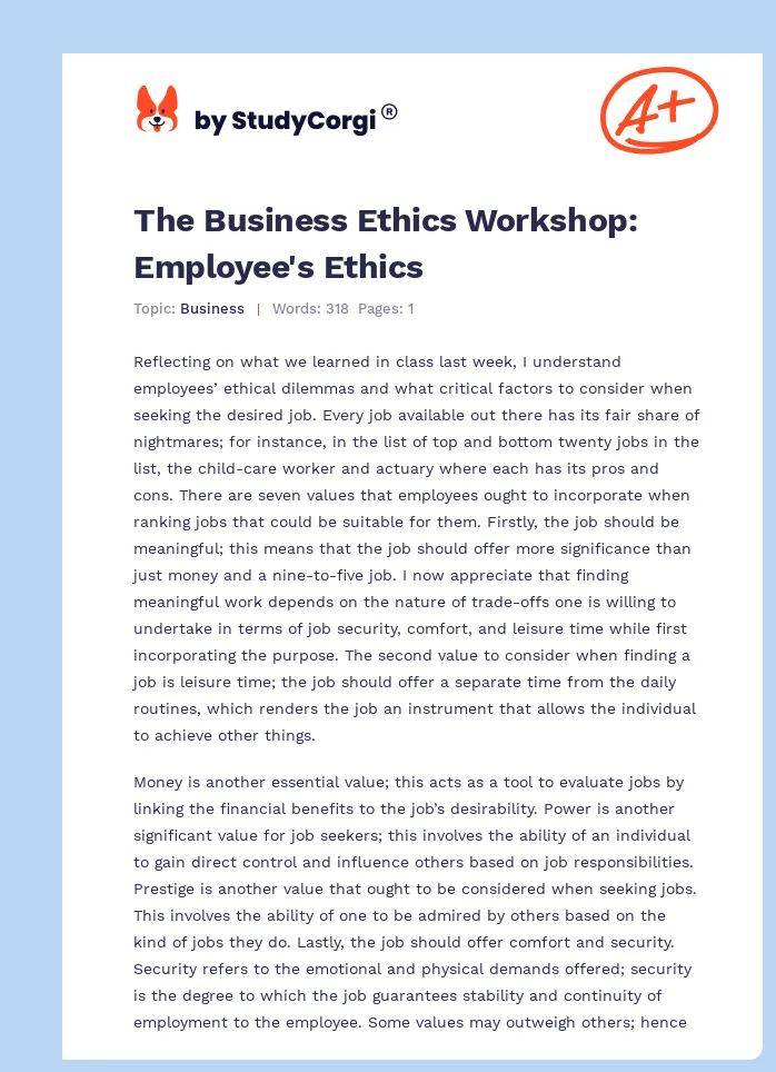 The Business Ethics Workshop: Employee's Ethics. Page 1