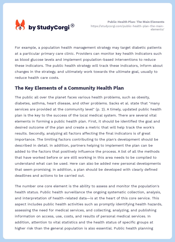 Public Health Plan: The Main Elements. Page 2