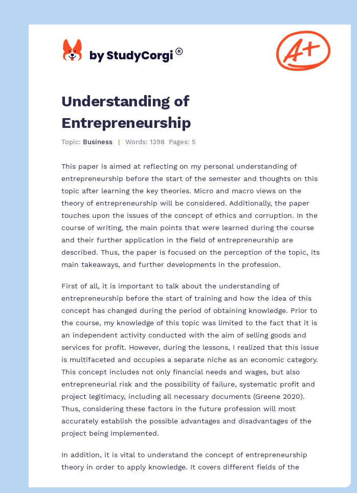 Understanding of Entrepreneurship. Page 1