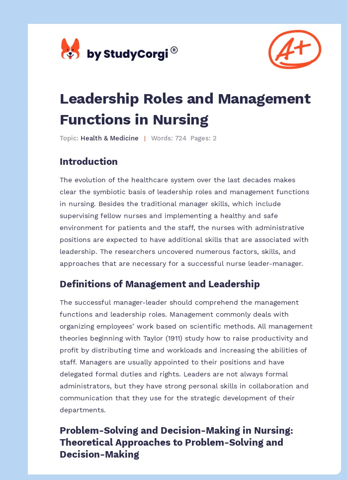 Leadership Roles and Management Functions in Nursing. Page 1