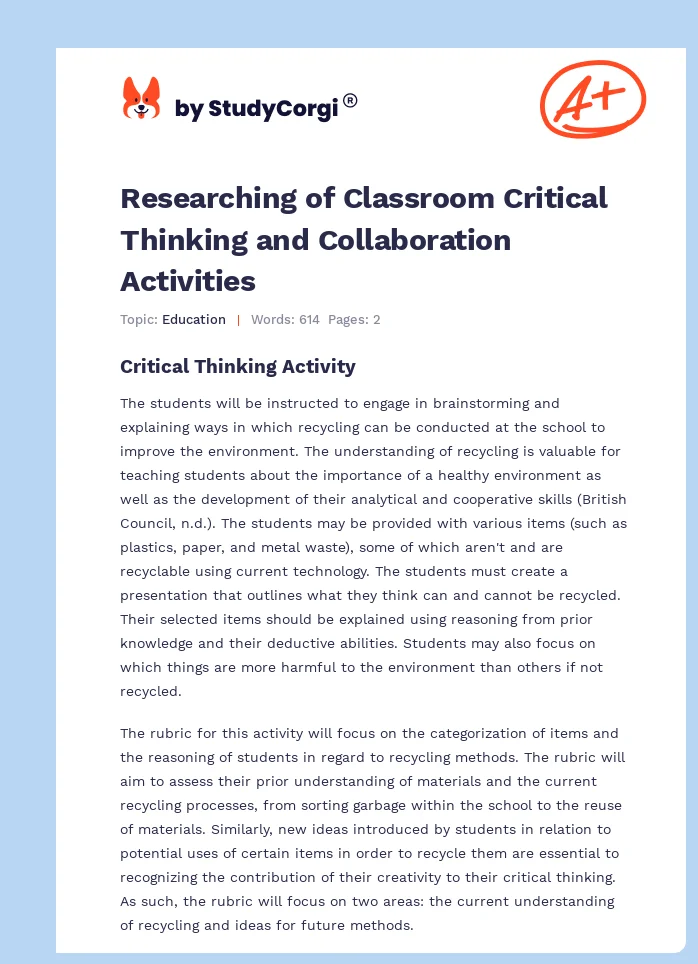 Researching of Classroom Critical Thinking and Collaboration Activities. Page 1