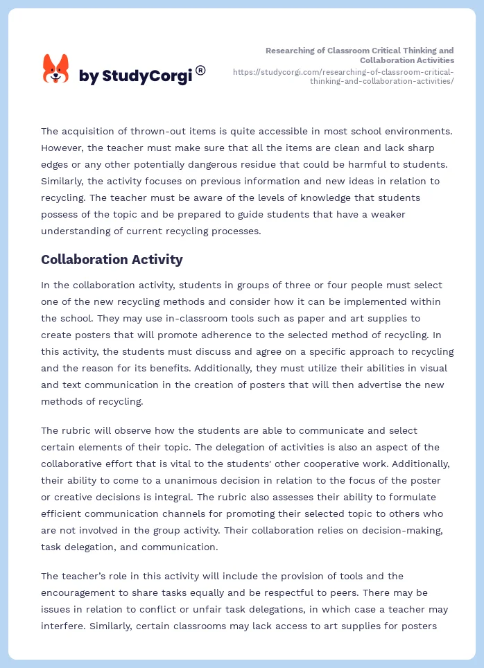 Researching of Classroom Critical Thinking and Collaboration Activities. Page 2
