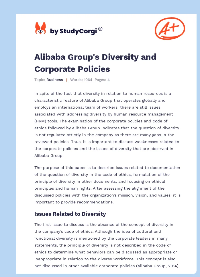 Alibaba Group's Diversity and Corporate Policies. Page 1