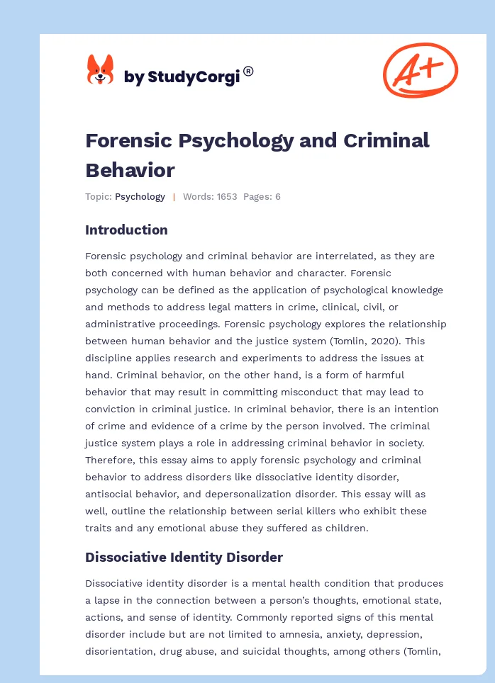 Forensic Psychology and Criminal Behavior. Page 1