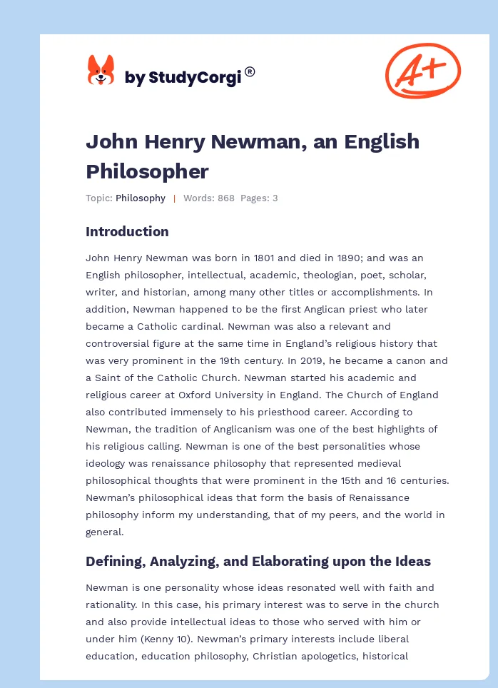 John Henry Newman, an English Philosopher. Page 1