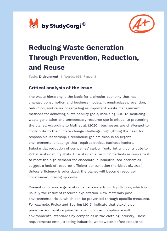 Reducing Waste Generation Through Prevention, Reduction, and Reuse. Page 1