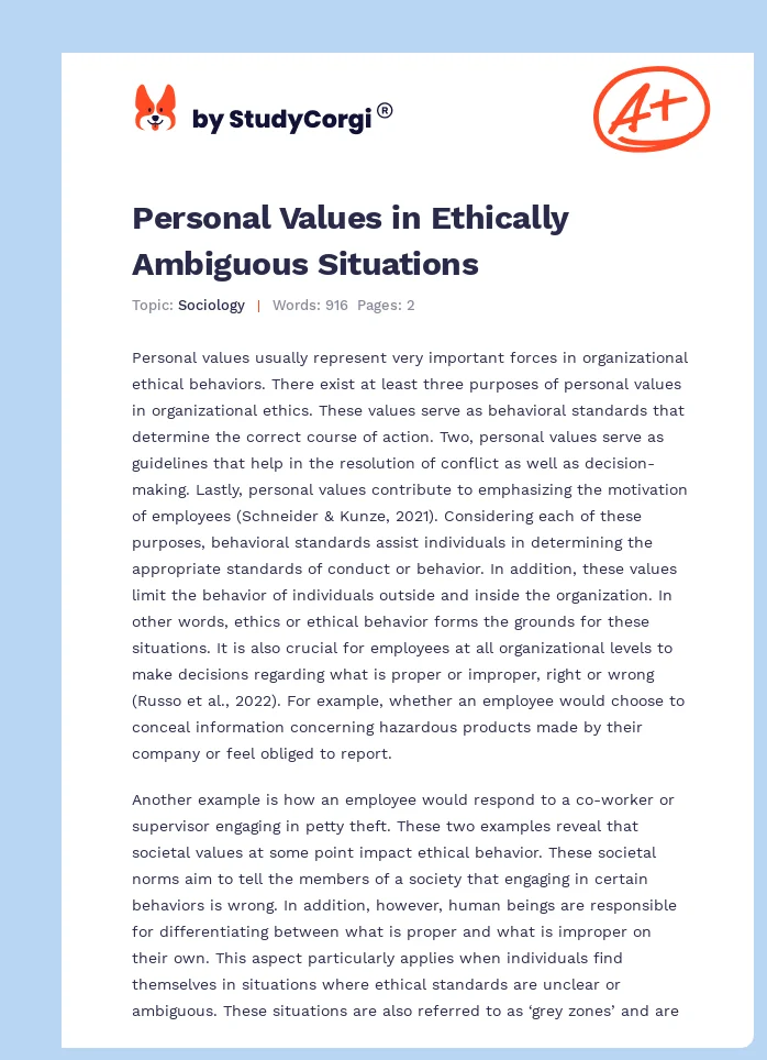 Personal Values in Ethically Ambiguous Situations. Page 1