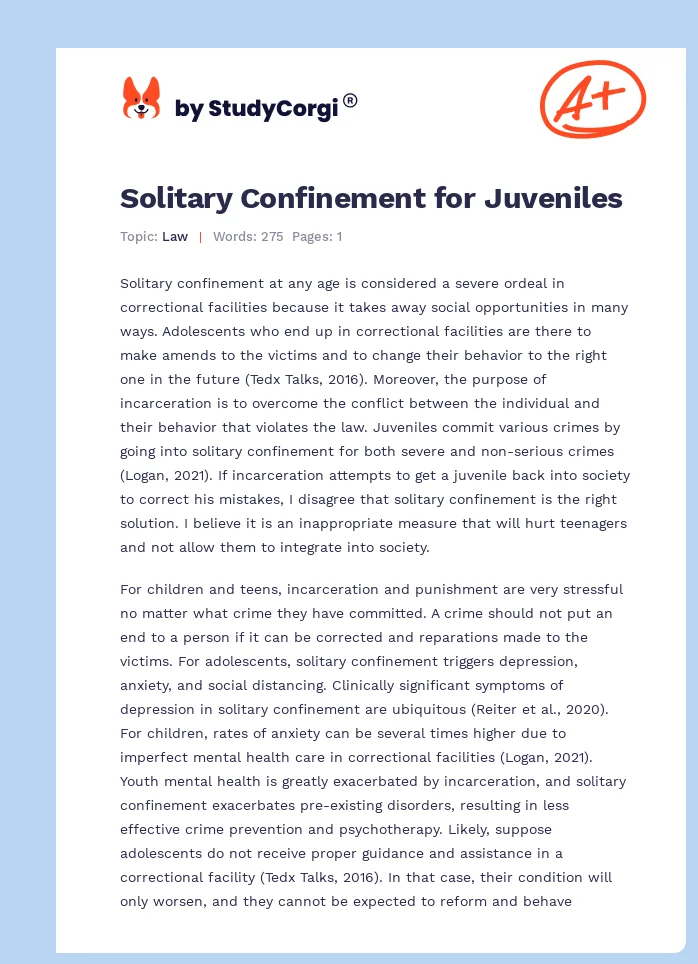 Solitary Confinement for Juveniles. Page 1