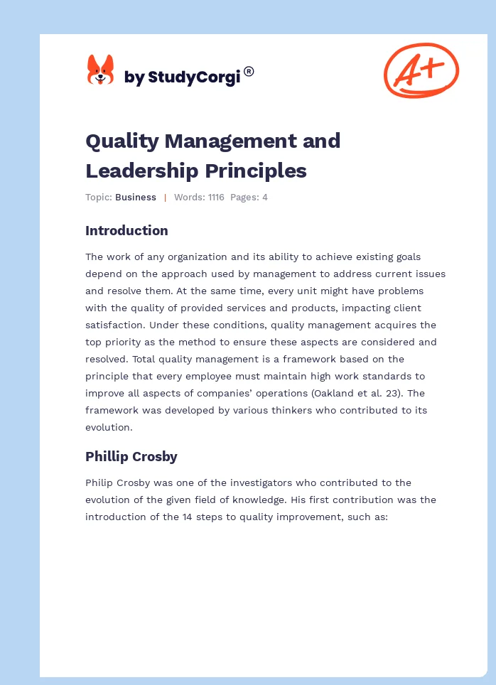 Quality Management and Leadership Principles. Page 1