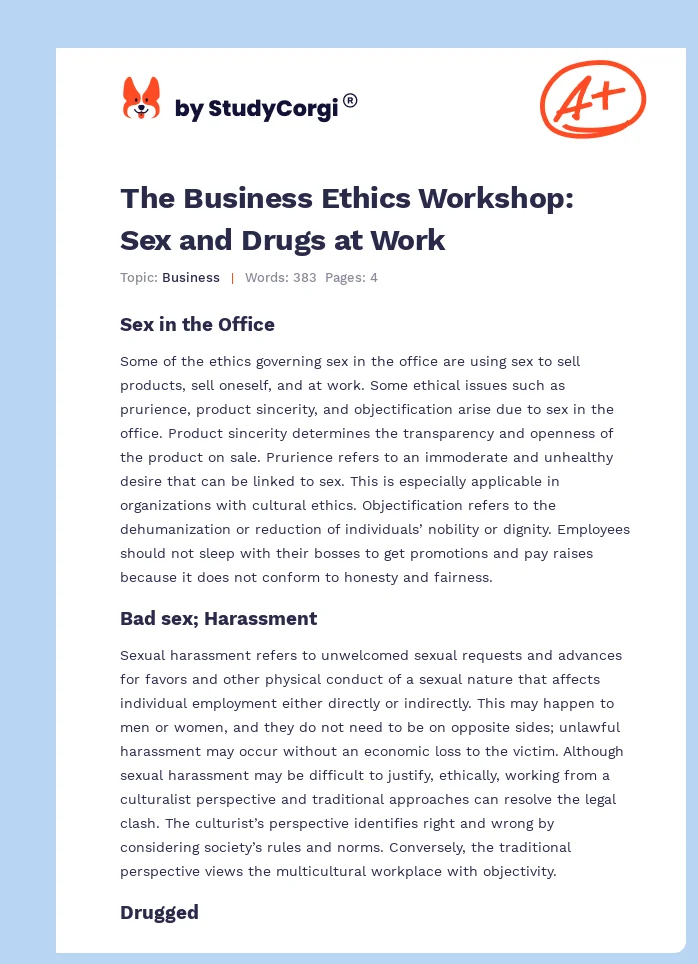 The Business Ethics Workshop: Sex and Drugs at Work. Page 1