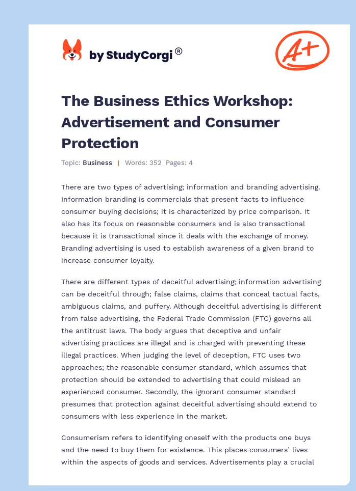 The Business Ethics Workshop: Advertisement and Consumer Protection. Page 1